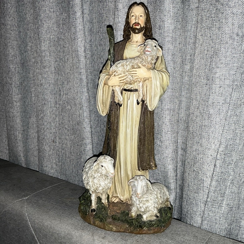 Vintage 2004 Roman Inc Jesus Good Shepherd Sheep Statue Figurine 12" Christian